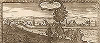 Brze Kujawski - Panorama miasta z zamkiem po prawej stronie na sztychu Erika Dahlbergha z dziea Samuela Pufendorfa 'De rebus a Carolo Gustavo gestis', 1656 rok